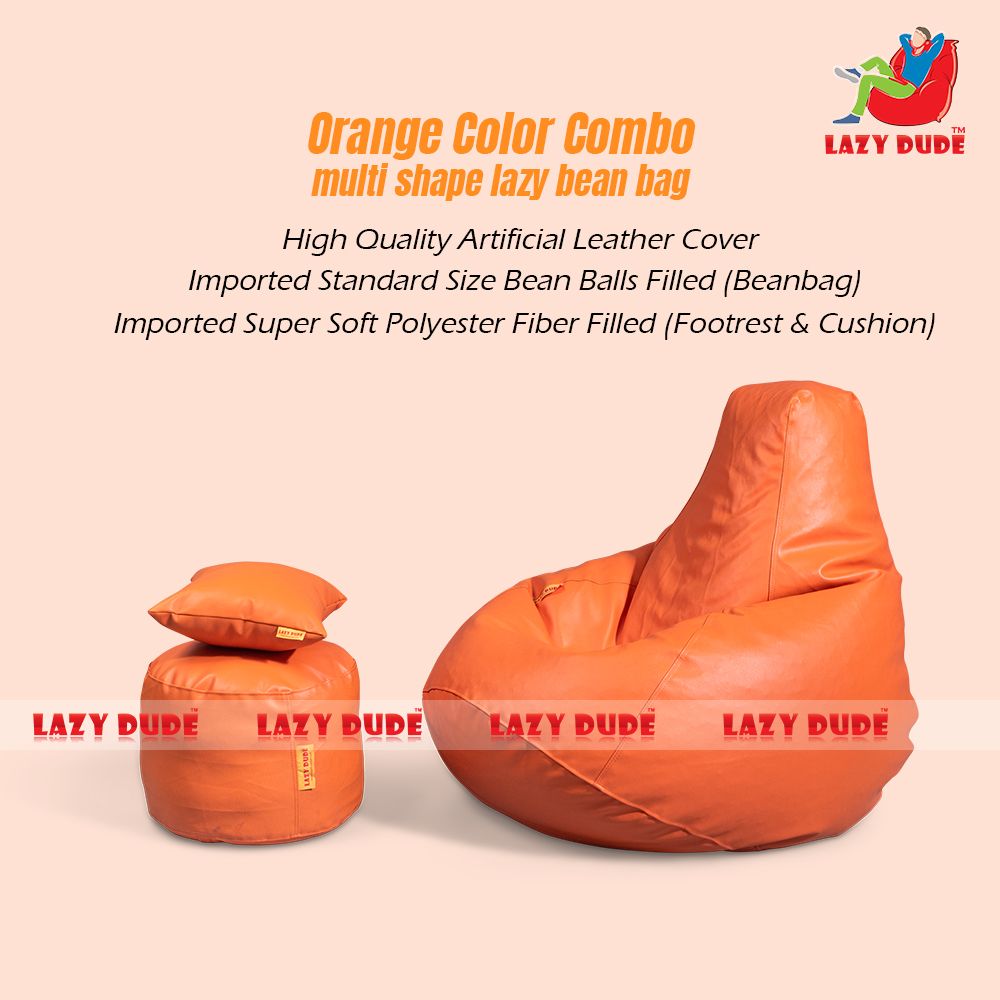 LAZY DUDE COMBO Set Extra Large XL Size Multi Shape Lazy Bean Bag, Footrest, Cushion And Extra Refill - Orange