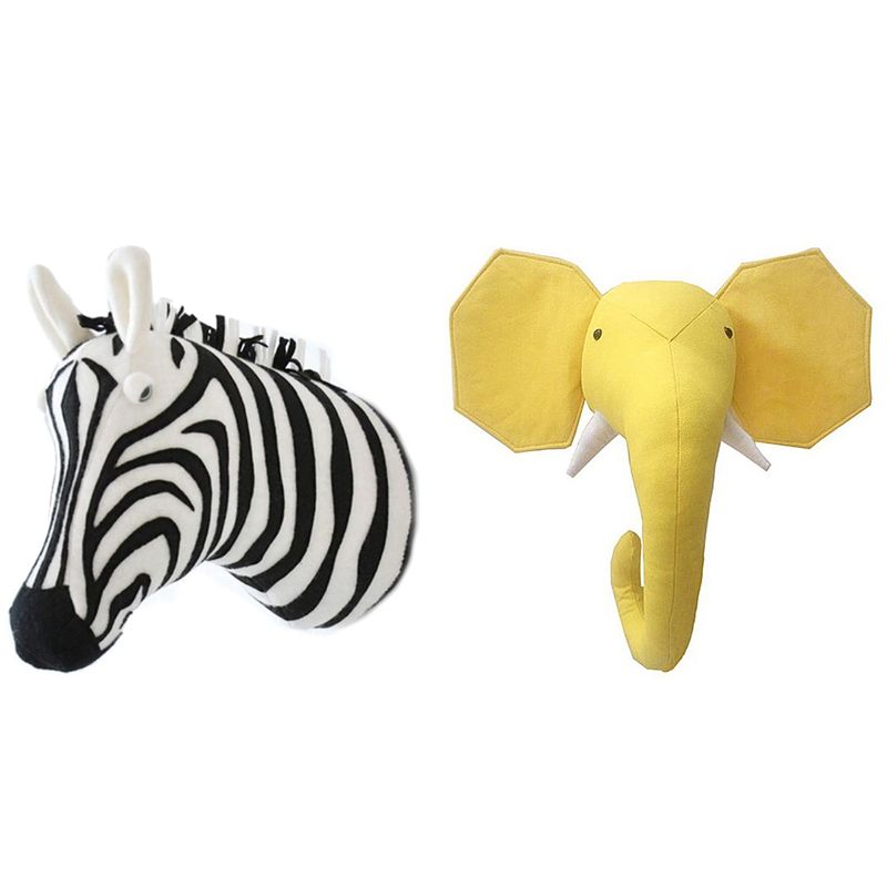 2 Pcs 3D Animal Head Wall Cute Stuffed Wall Hanging Toys Kids Room Animal Wall Sculptures, Elephant & Zebra