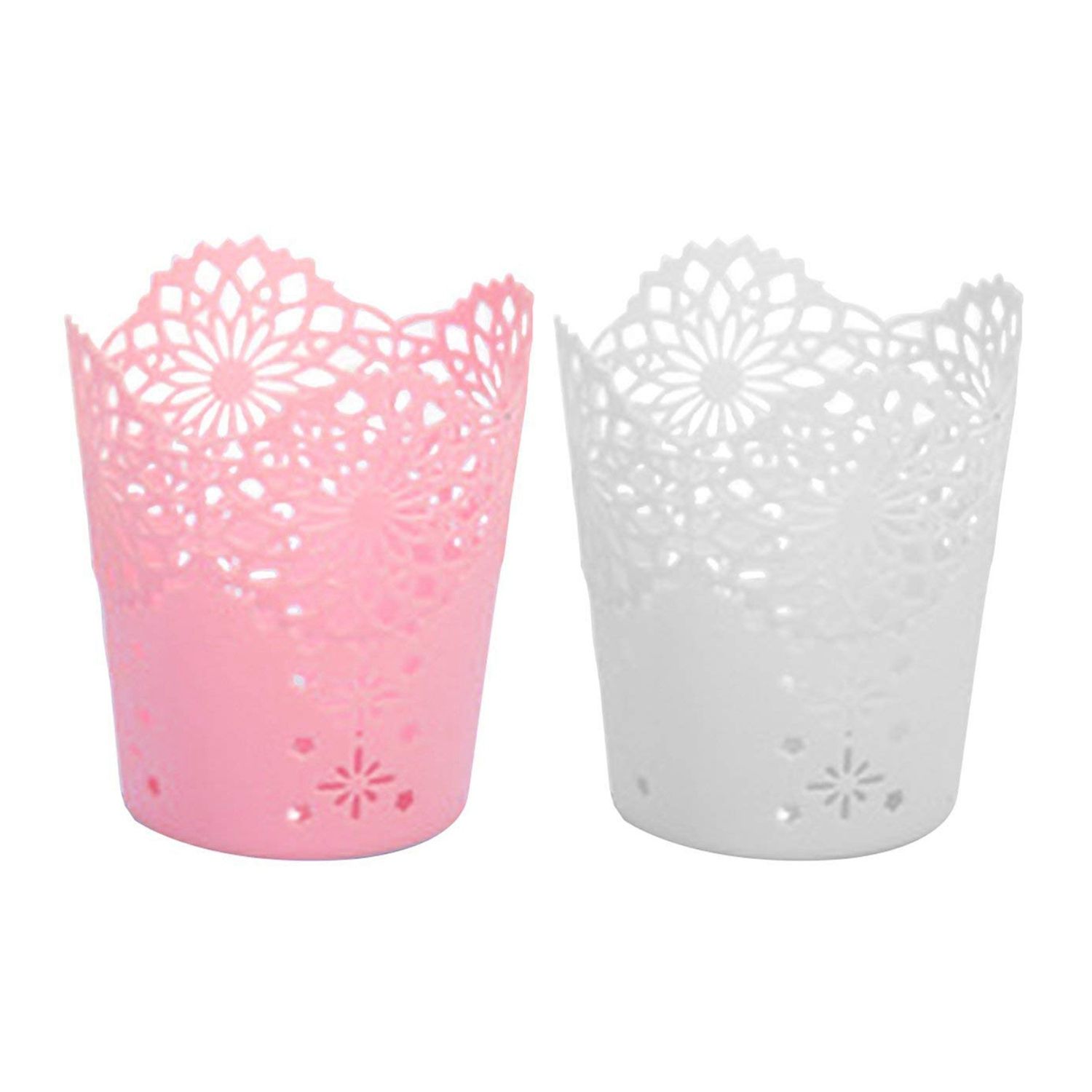 2 pcs Pen Holder Round Plastic Brush Pencil Storage Organiser Wastebasket Lace Hollow Desk Tidy Pot
