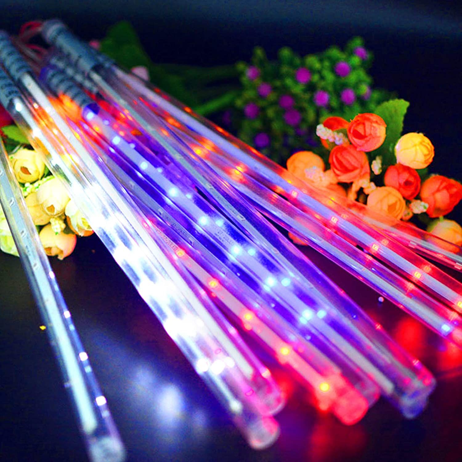 Solar Meteor Shower Rain Lights Holiday String Lights Waterproof Falling Raindrop Light Wedding Garden Party Decoration--Blue--Solar 8Tubes 144LED