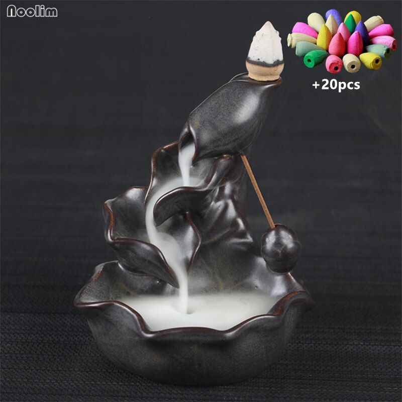 Lotus Fountain Backflow Incense Burner oke Waterfall Home Decor Buddhist Aroma Censer Aromatherapy Furnace + 20pcs Free Cones