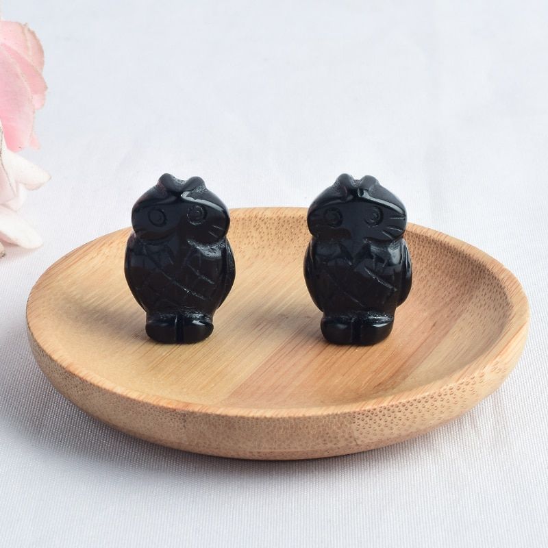 2pcs Black obsidian owl Figurines Mini Animals Craft Carved 1 inch Statue for kids Home Decor mineral Healing quartz crystals