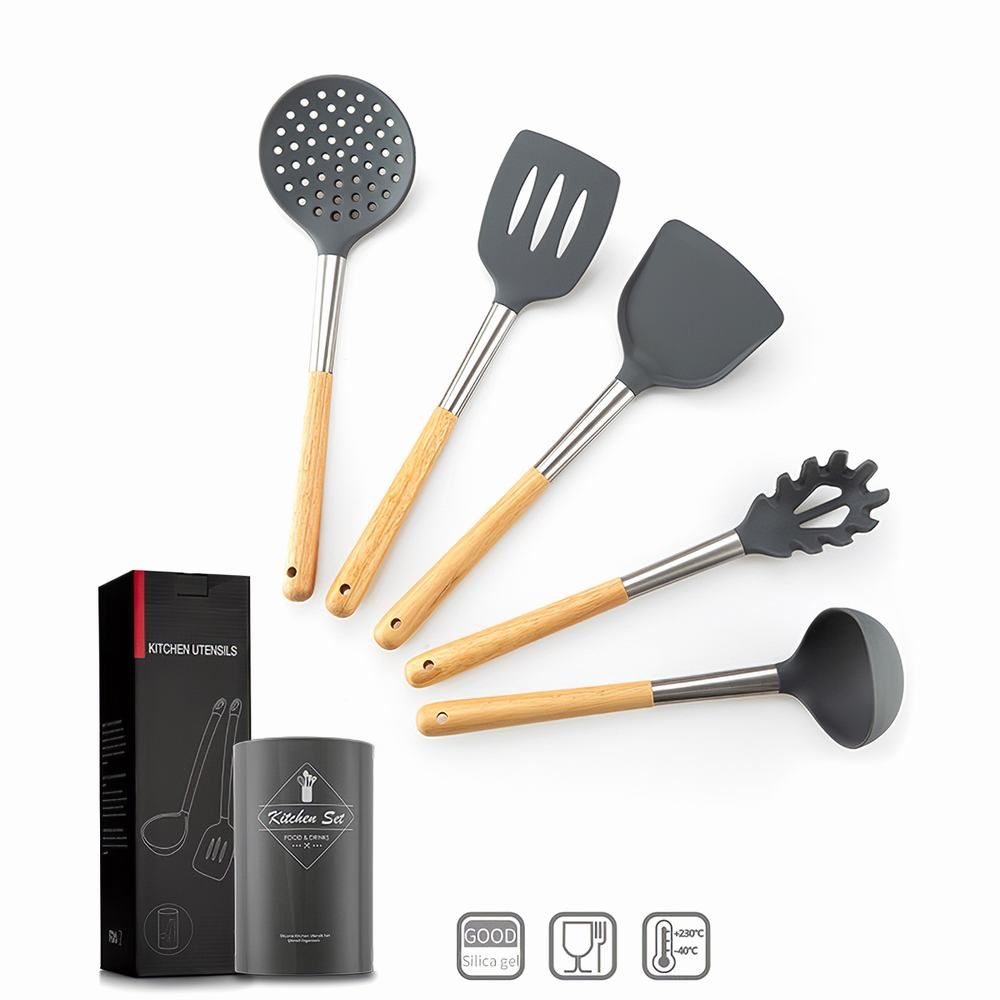 Kitchen Utensils Set 5Pcs Silicone Non-stick Barreled Cooking Utensils Wooden Handle Silica Gel Utensil Kitchenware Set