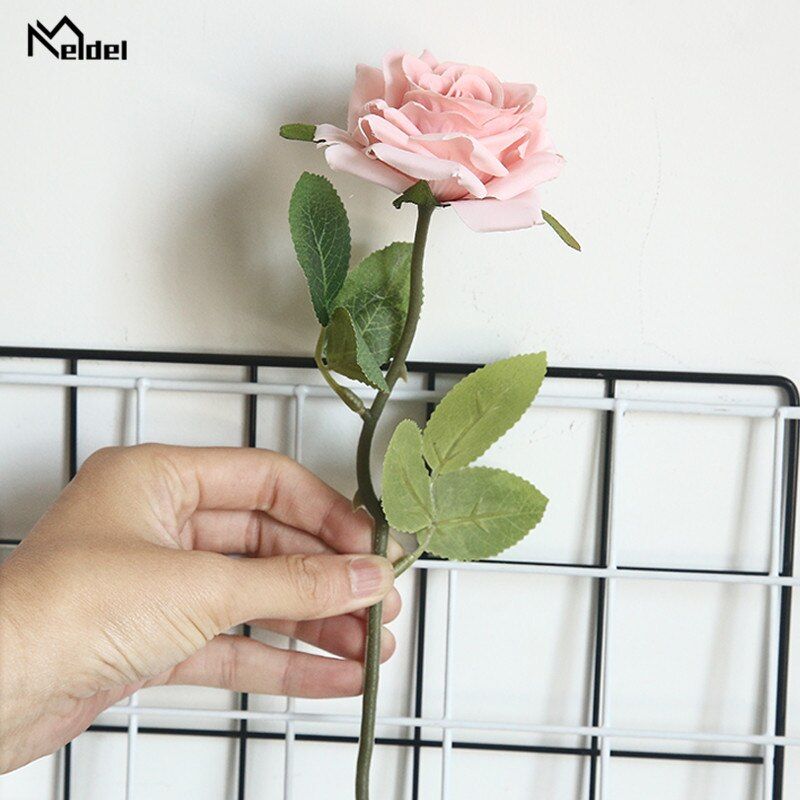 Meldel White Pink Rose Artificial Flowers Branch Long Stem Silk Roses for Wedding Decor Home Table Vase Accessories Fake Flowers