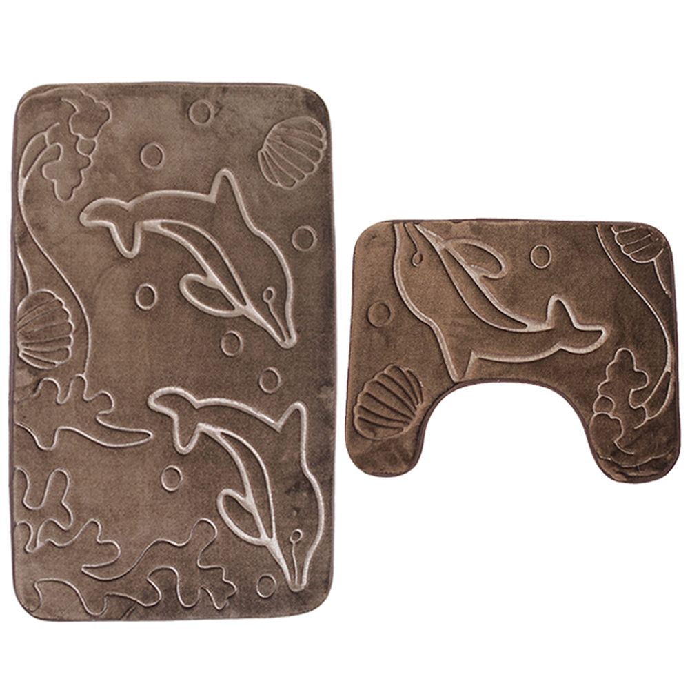 2Pcs Dolphin Print Bathroom Non-slip Toilet Carpet Rug Floor Mat Set Home Decor