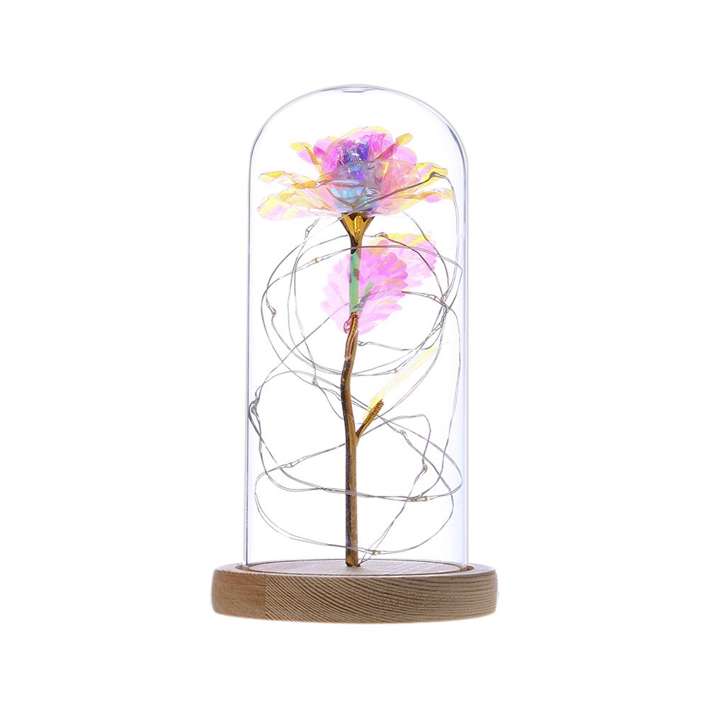 Yfashion lass Dome Rose with Wooden Base Valentine's Day ifts Christmas LED Rose Lamps e Decoration