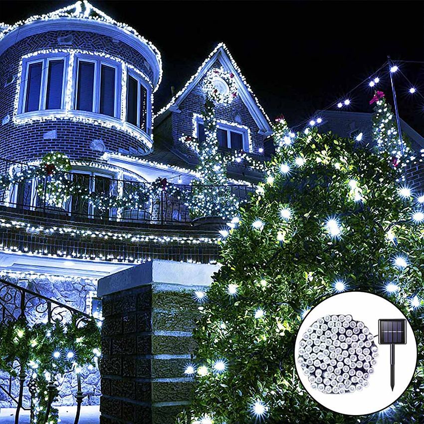 Vimite 12/22/32 Meters LED Solar Christmas Lights Outdoor Waterproof Decorative Xmas String Fairy Light Blue Warm White Color Garden Lamp for House Fence Party Wedding