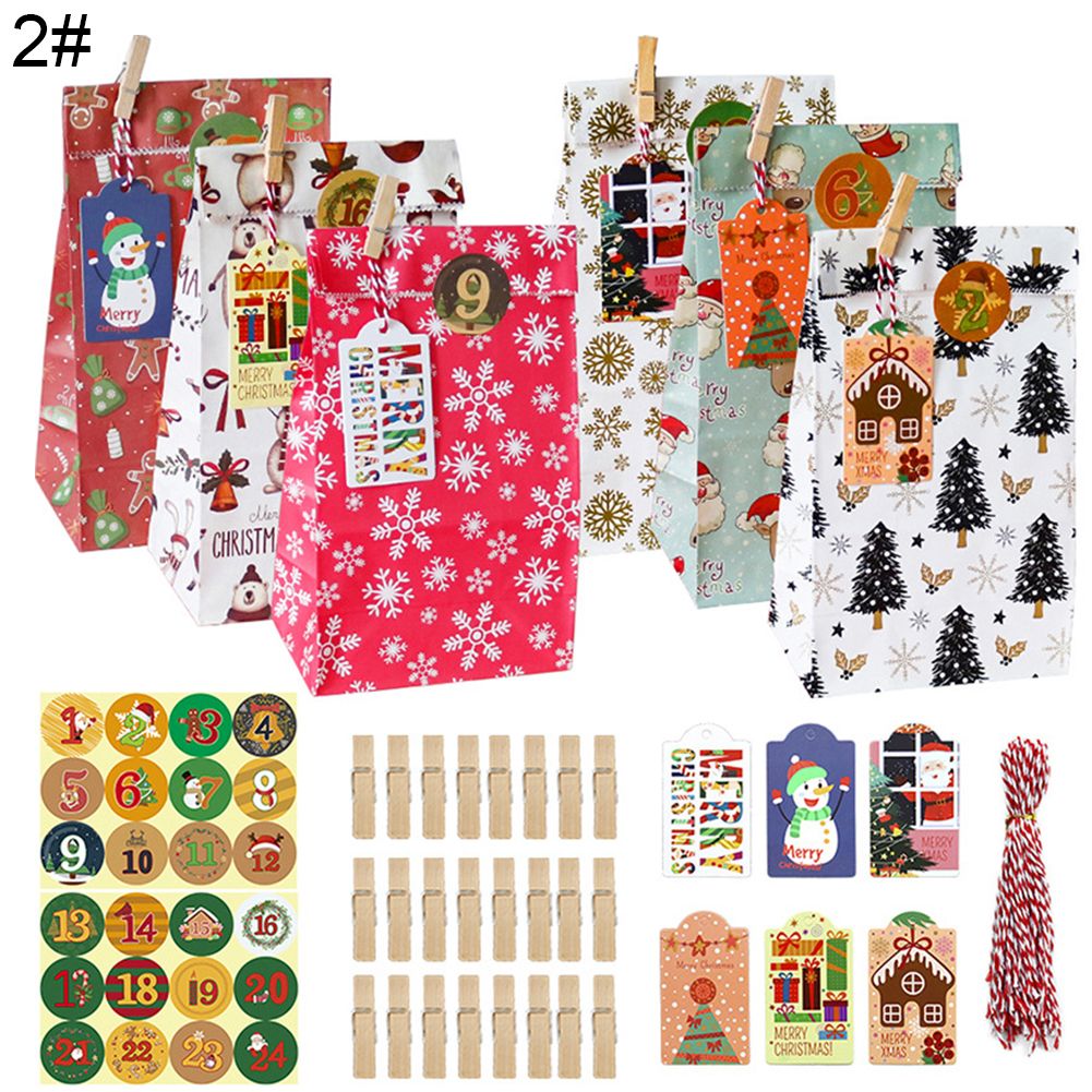 24Pcs Christmas Kraft Paper Gift Bags Elk Candy Chocolate Cookies Holders Decor