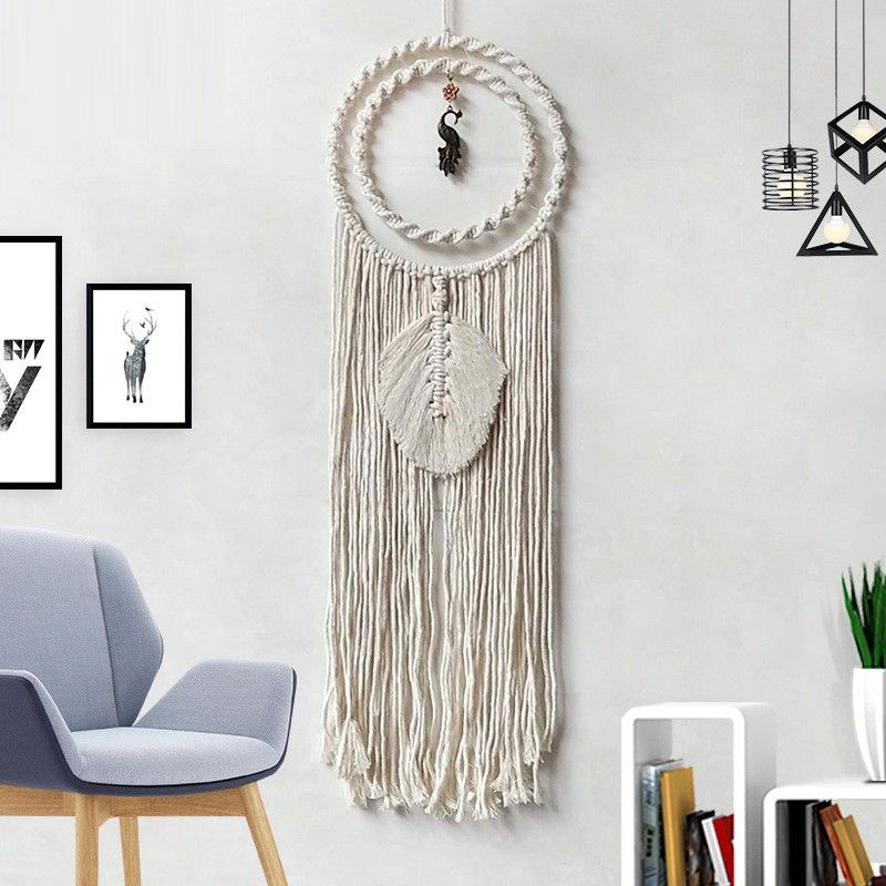 Boho Chic Macrame Woven Leaf Tassel Peacocks Wall Hanging Tapestry Dream Catchers Ornaments for Home Decor Party Nursery