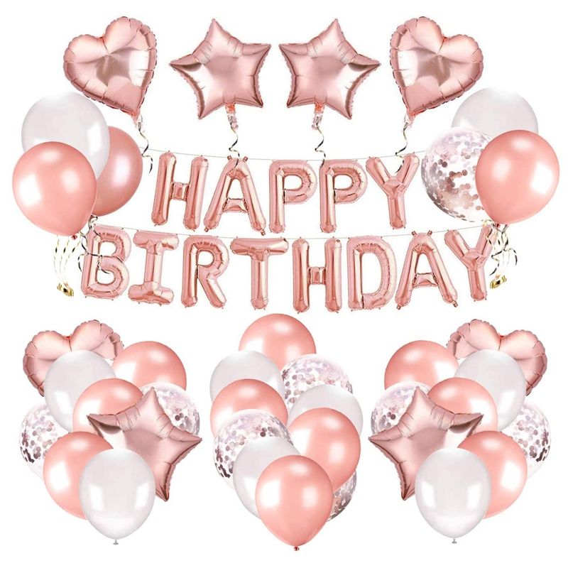 Rose Gold Birthday Decorations Including Rose Gold Happy Birthday Banner Confetti Balloons F Balloons Balloon Ribbon