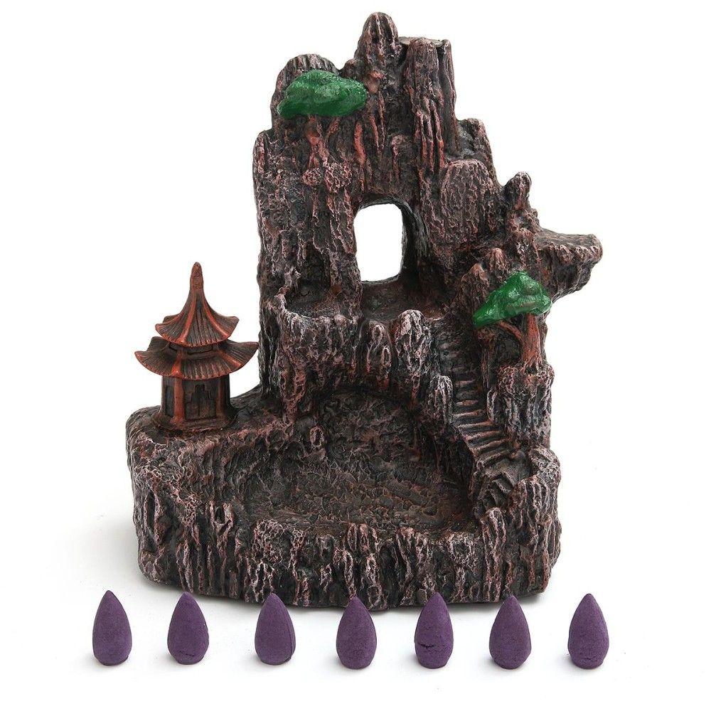 Ceramic Mountain Waterfall Smoke Backflow Cone Holder Incense Burner & 7 CONES