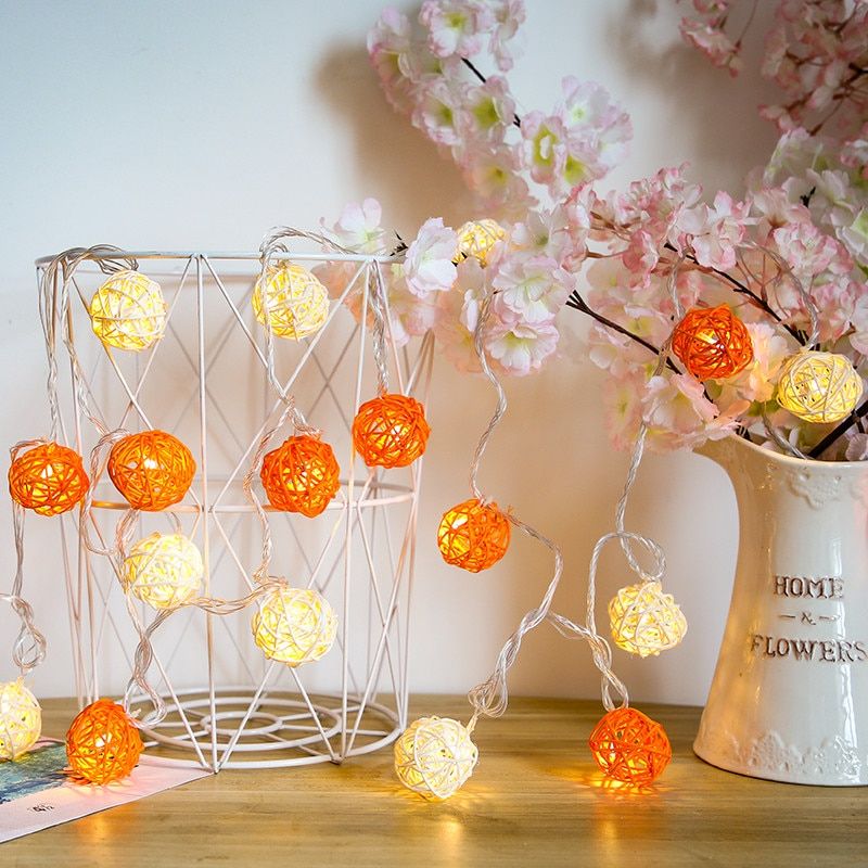 Rattan Ball Garland LED String Patio Lights Christmas Night Lamp Chain Fairy Garden Holiday Wedding New Year Outdoor Decoration--Yellow White--6M40LED USB