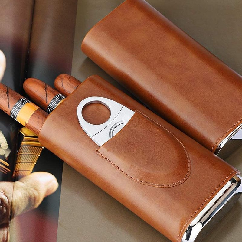 3-Finger Hus Porlar Box Brown ar Leatr Case with ar Cutter