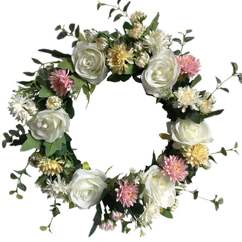 Artificial Rose Flower Wreath Chrysanthemum Wreath Spring Wreath for Front Door Wedding Party Window Wall Home Decor