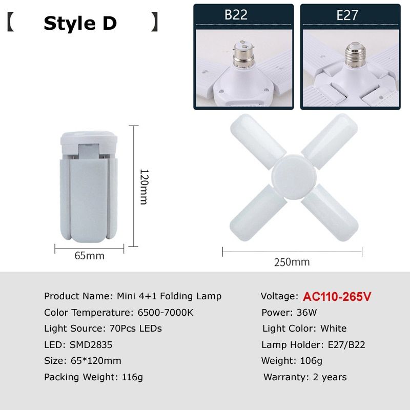 Angle Adjustable Led Bulb E27 B22 Led Lamp Ceiling Fan Led Lights 220V Foldable Fan Blade Light For Home Garage Lighting