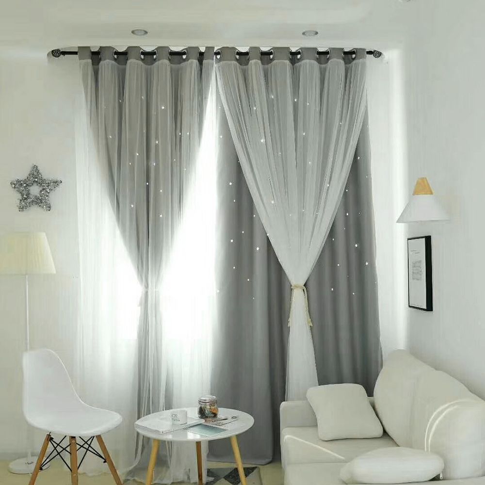 Hollow Star Thermal Insulated Blackout Curtains for Living Room Bedroom Window Curtain Blinds Stitched with white Voile Simple Fidelity design