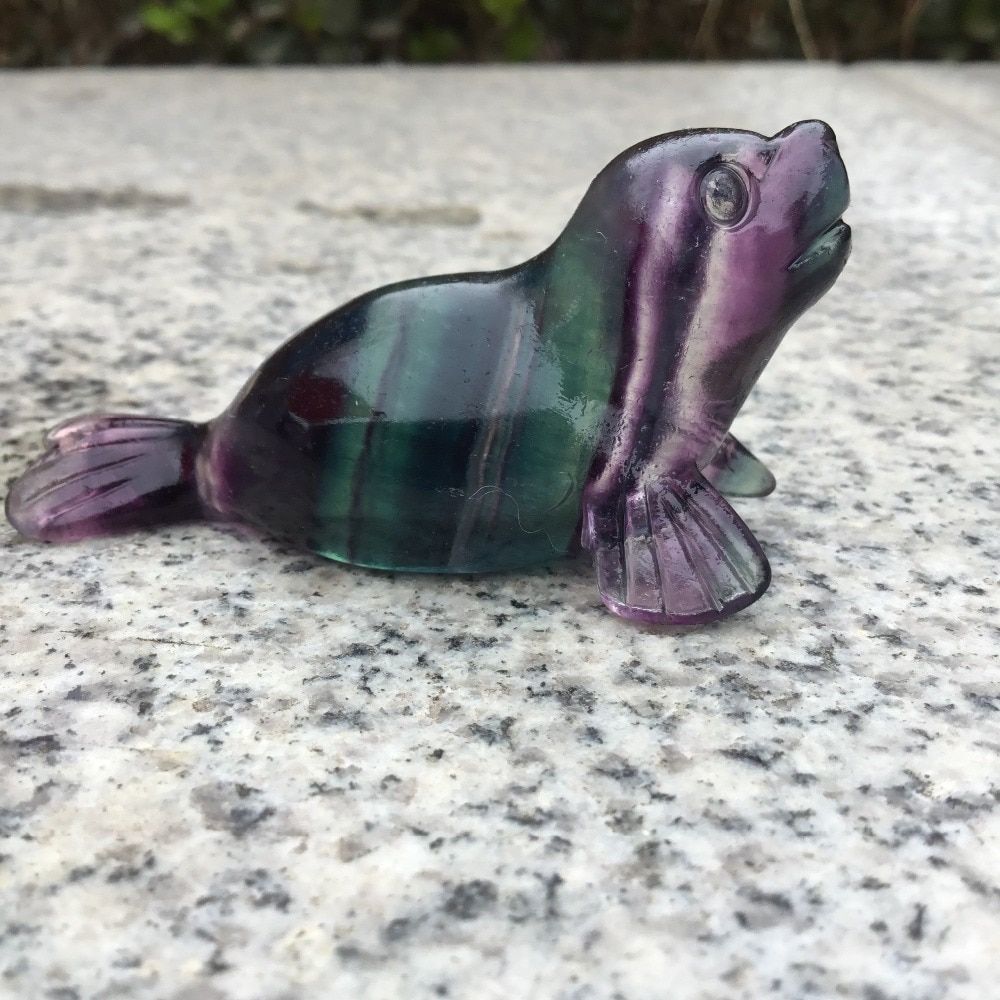 Natural stripel fluorite Animal Figurines Carved Gemstone crystal sea lion