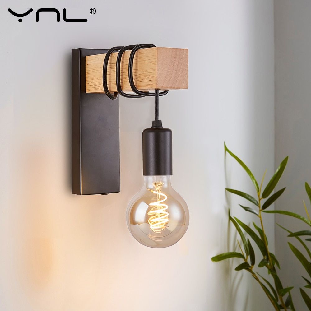 Nordic Iron Wood Wall Lamp Retro Wall Light Fixture E27 Indoor Industrial Decor Dining Room Sconce Bedside Lamp Bedroom Light