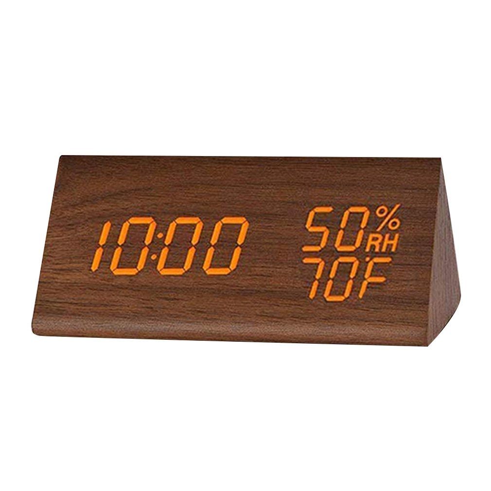 Humidity and Temperature Alarm Clock Triangle Digital Baby Room imitation Wood Clock Mute Luminous LED Electronic Gift