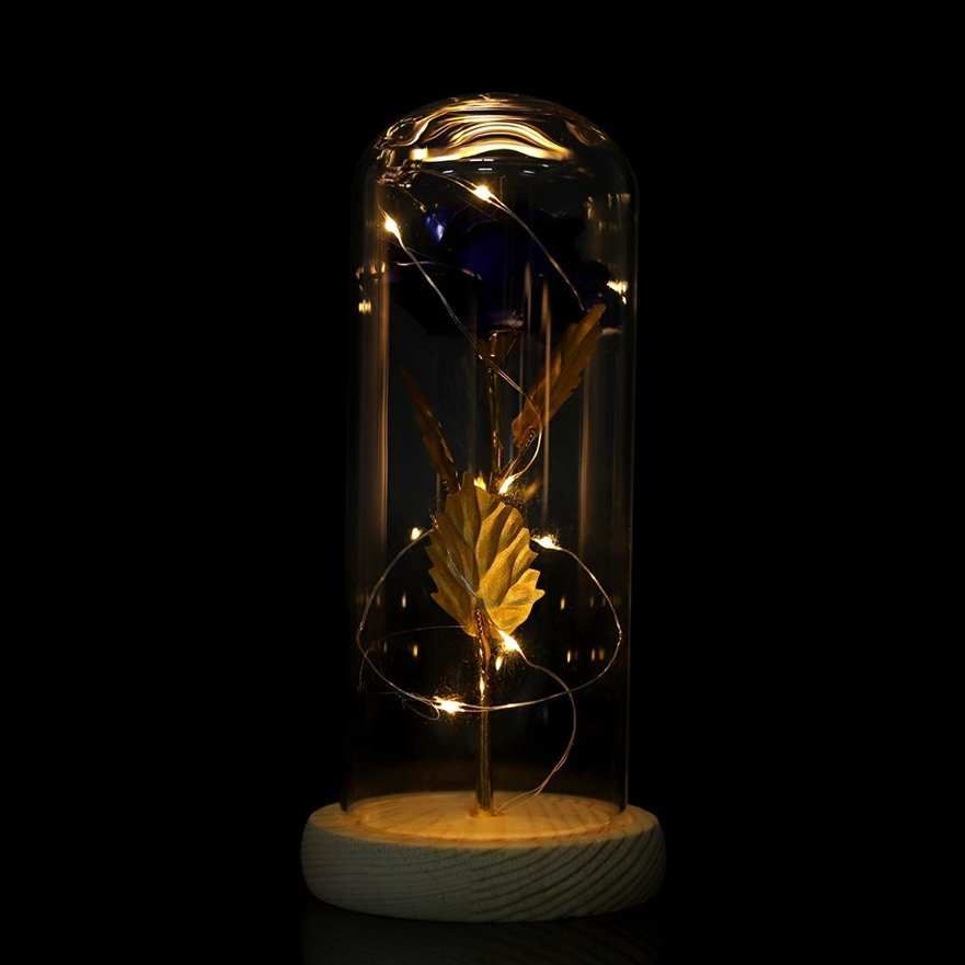 Preserved Rose Flower LED Light with Glass Cover & Wooden Base Valentines'Day Wedding Gift