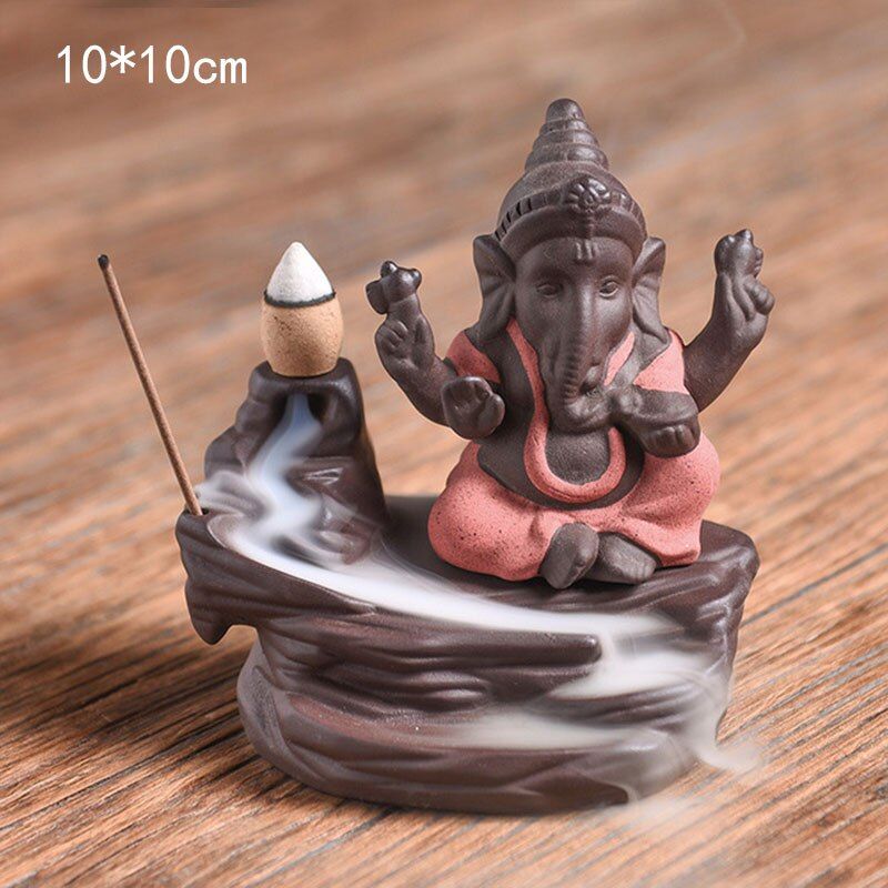 Colorful Sand Crafts Elephant Head God Censer Lotus Incense Holder Southeast Asia Buddha Statue Backflow Incense Burner Decor DA