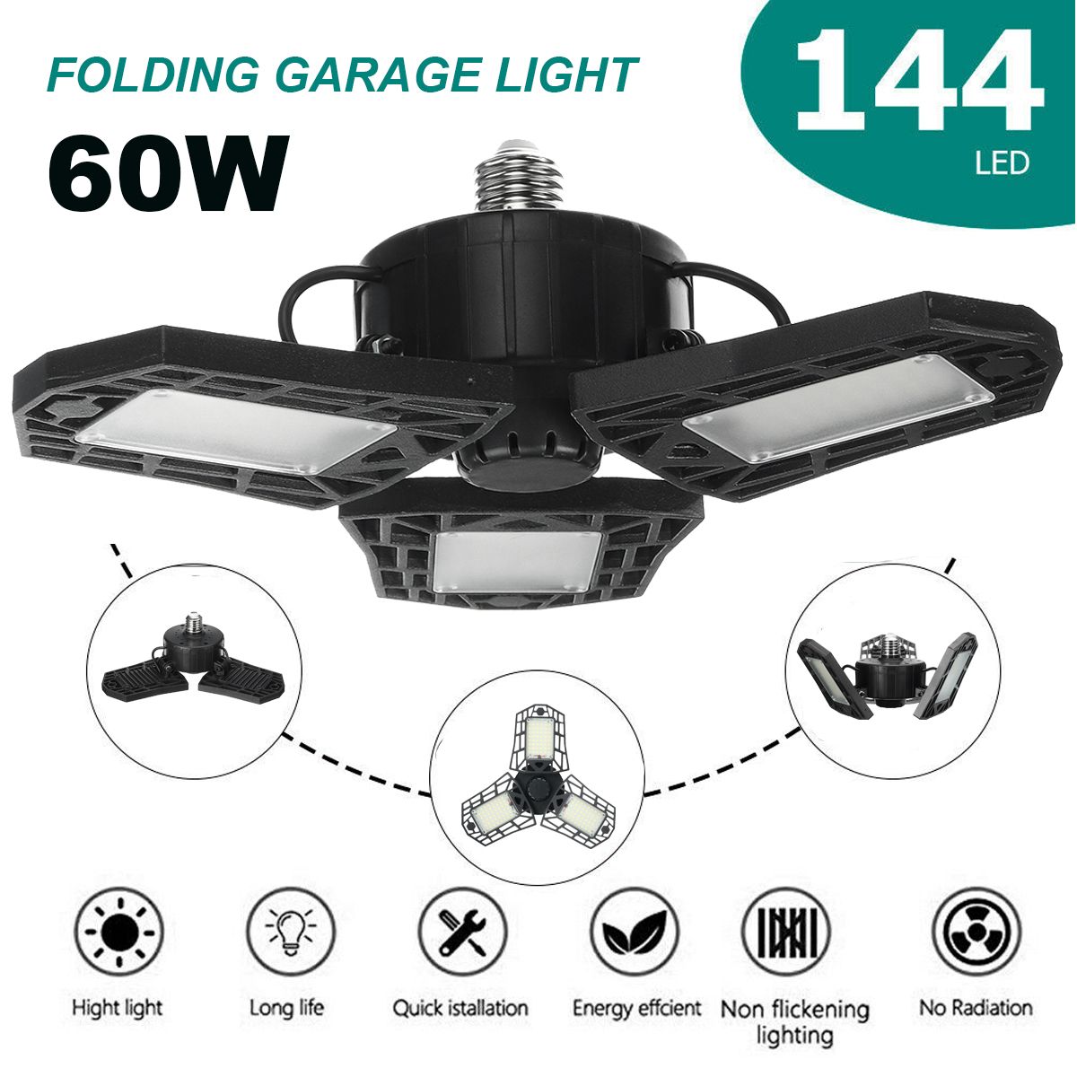 Common E27 60W 6500K 270° Deformation Folding Adjustable Light Hanging Lamp Garage