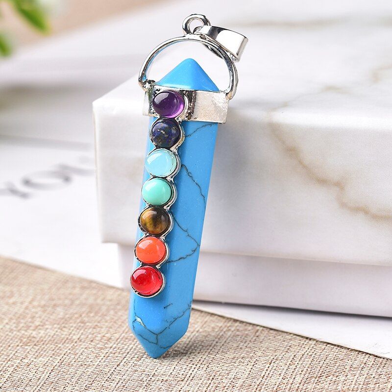 1PC Seven Chakras Rose Quartz Stone Pendant Turquoioses Lazuli Fashion For Men Women Jewelry Colourful Reiki Healing Amulet