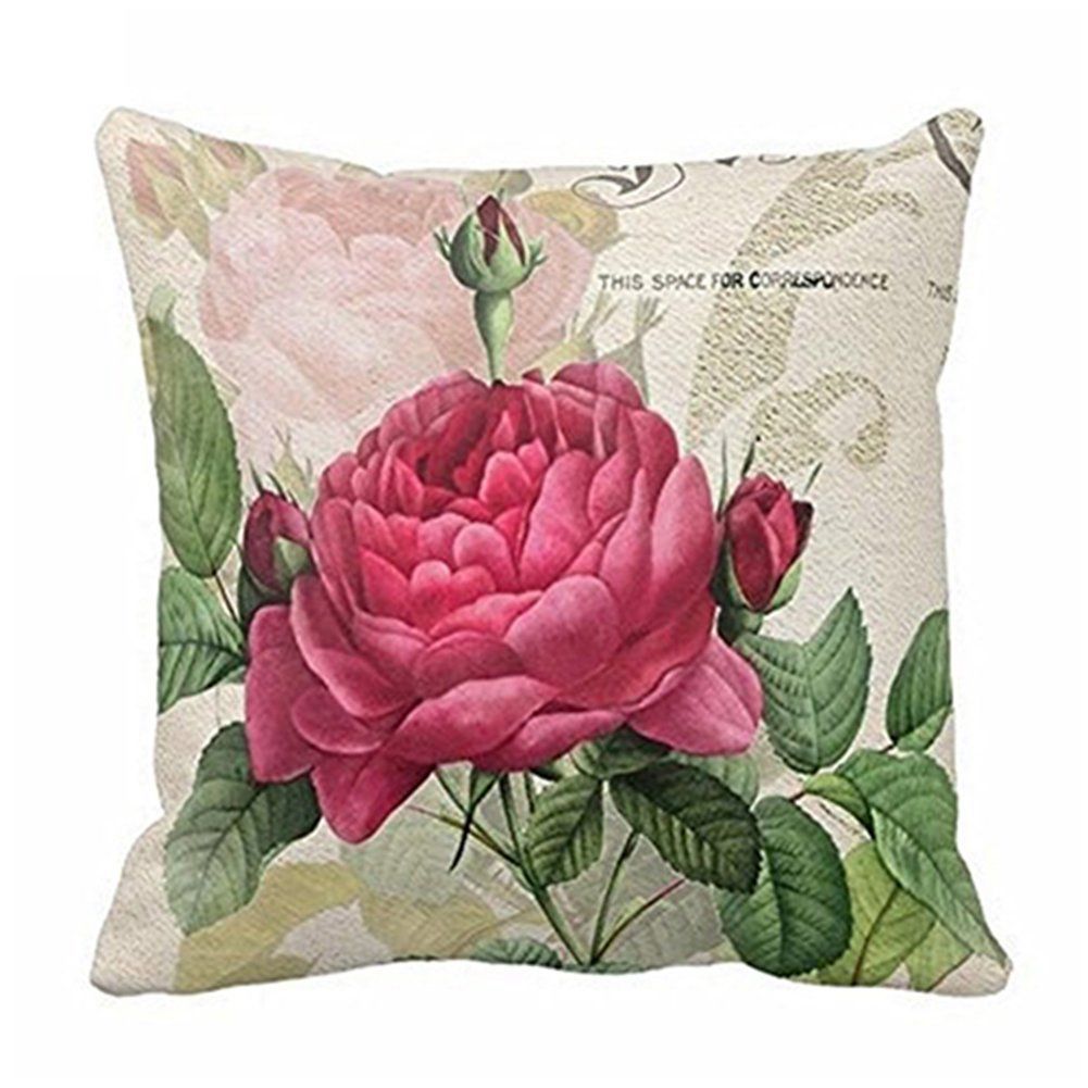 Individual Vintage Floral/Flower flax Decorative Throw Pillow Case Cushion Cover Home Sofa Decorative(Rose flower)