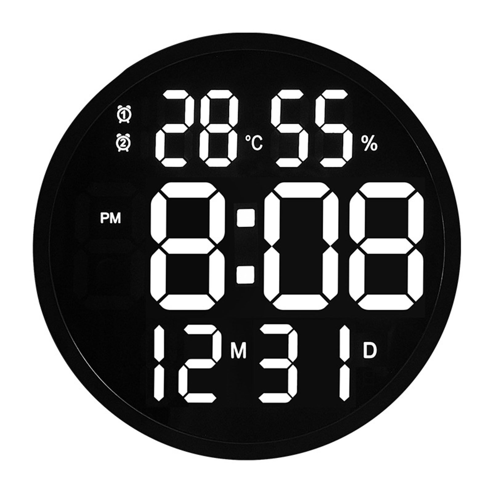 12 Inch Round Silent Electronic Clock Large Font Digital Display Temperature Humidity Date Calendar Simple Wall Clock