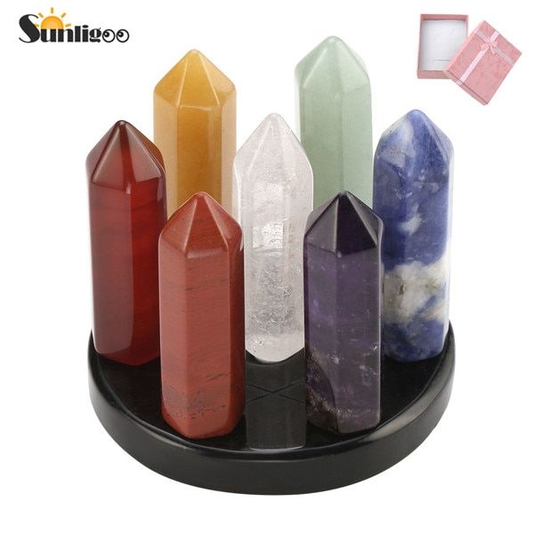 Sunligoo 7 Chakra Star Group Reiki Healing Crystal Quartz Energy Stone Hexagonal Point Array Statue Figurine Obsidian Stand Set