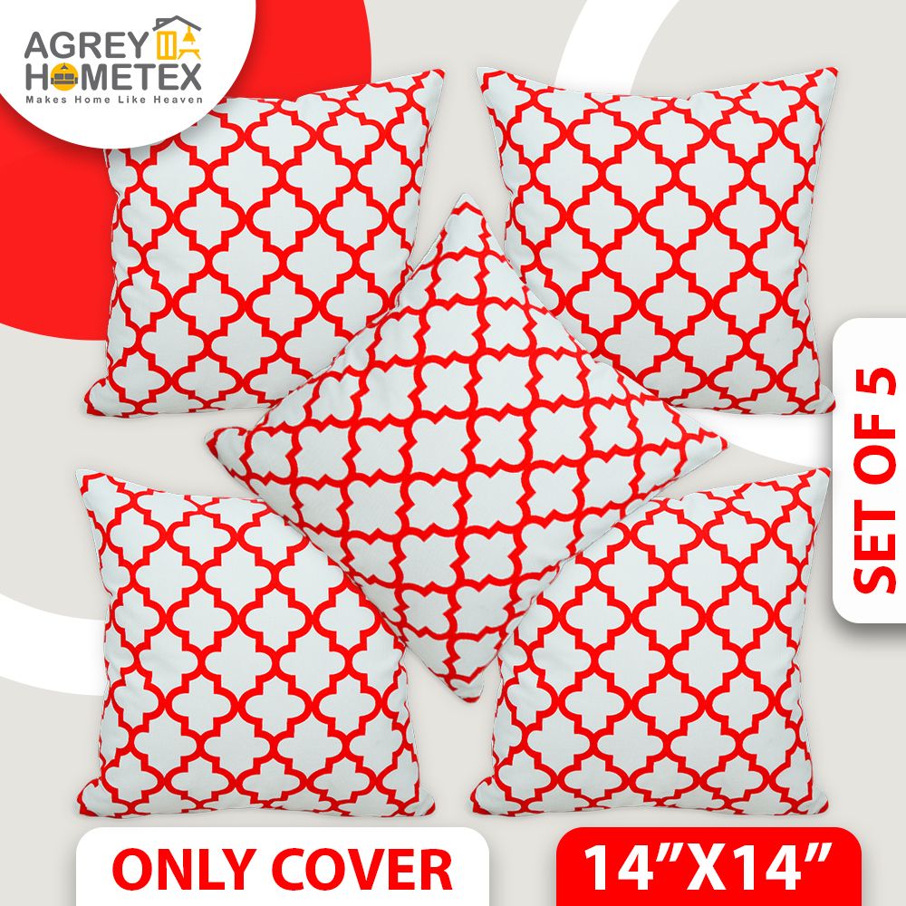 Cushion Cover, White & Red (14"x14") Set of 5, Only Cover