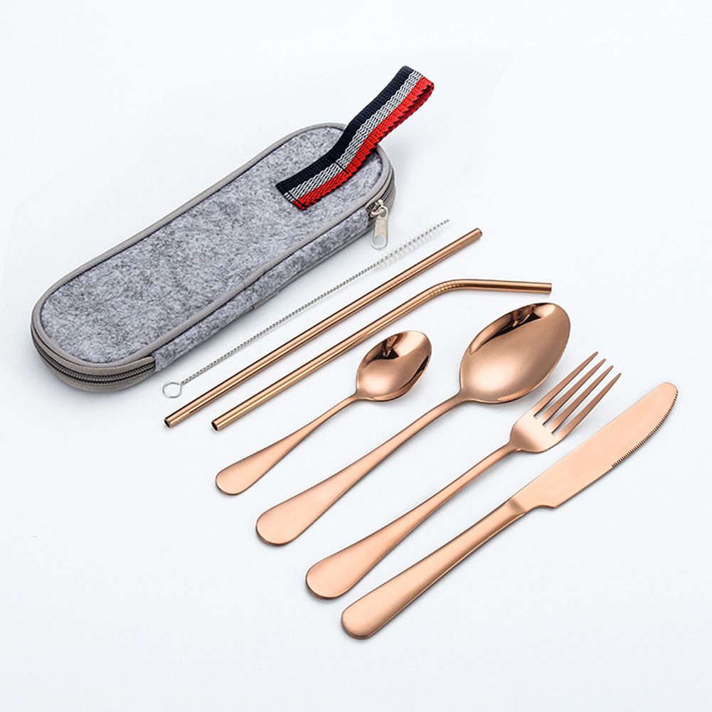 Yfashion Stainless Steel ableware Set Portable Packing Bag Cutter Fork Spoon Straw Brush for Outdoor Camping