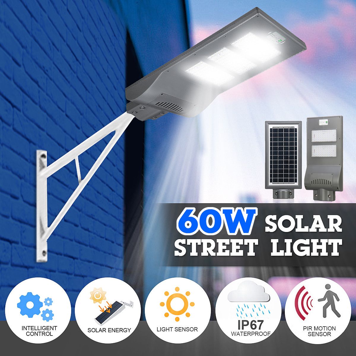 60W PIR Motion Sensor+Light Sensor Rechargeable Solar Power Street Light
