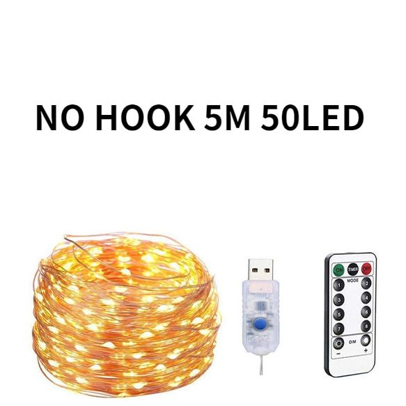 5V USB Copper Led String Lights With Hook 6W Christmas Fairy Lights Room Curtain Decor Wedding New Year Garden Party Decoration--Cold White--3x2m music control