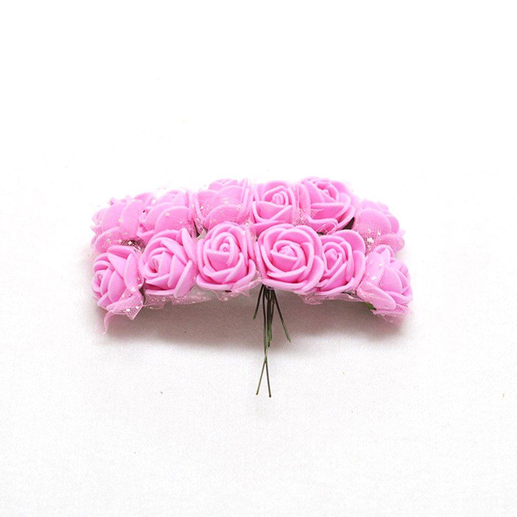 12PCS/SET Artificial Foam Rose Head Flowers Lace Wedding Bridal Party Bouquet - pink