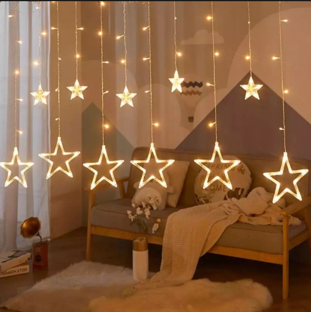 Star fairy light/curtain fairy light /porda fairy light/Golden Big Star Curtain Light, 12 Hanging Golden Star String Lights, Drawing room decoration LED Curtain String Light Fairy LED
