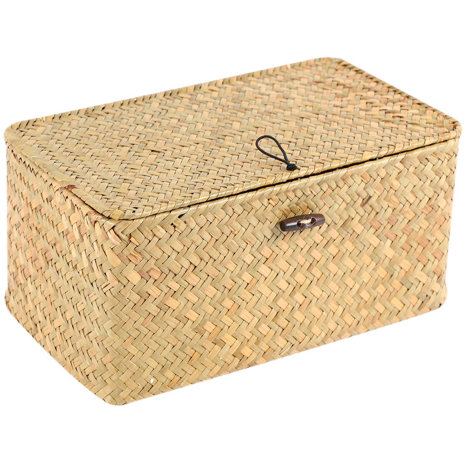 Individual Handmade Straw Woven Storage Basket with Lid Makeup Organizer Storage Box Seagrass Laundry Baskets Rattan Jewelry Box(S)