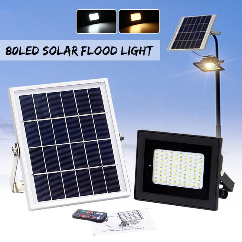 80LED Solar Power Flood Light Outdoor Garden Path Lamp W/ Remote Control