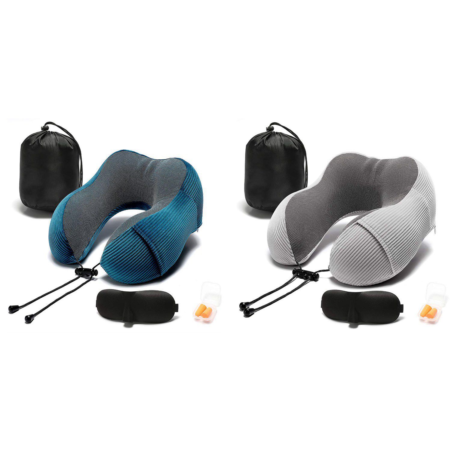 Durable 2 Set Travel Pillow Memory Foam with 360-Degree Head Support Neck Pillow with Storage Bag Traveling Pillow, Gray & Blue