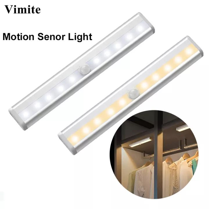 Vimite 10 LED Night Light Body Sensor - Stair Light for Cabinet Hallway Bedroom Toilet Kitchen Closet Under The Bed Closet White/ Warm