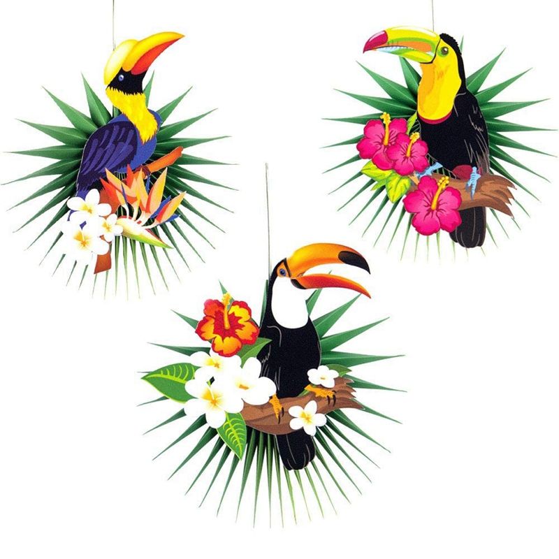 3Pcs DIY Tropical Bird Toucan Palm Leaves Paper Fans Centerpiece Wall Hanging Decorations Hawaiian Party Supplies