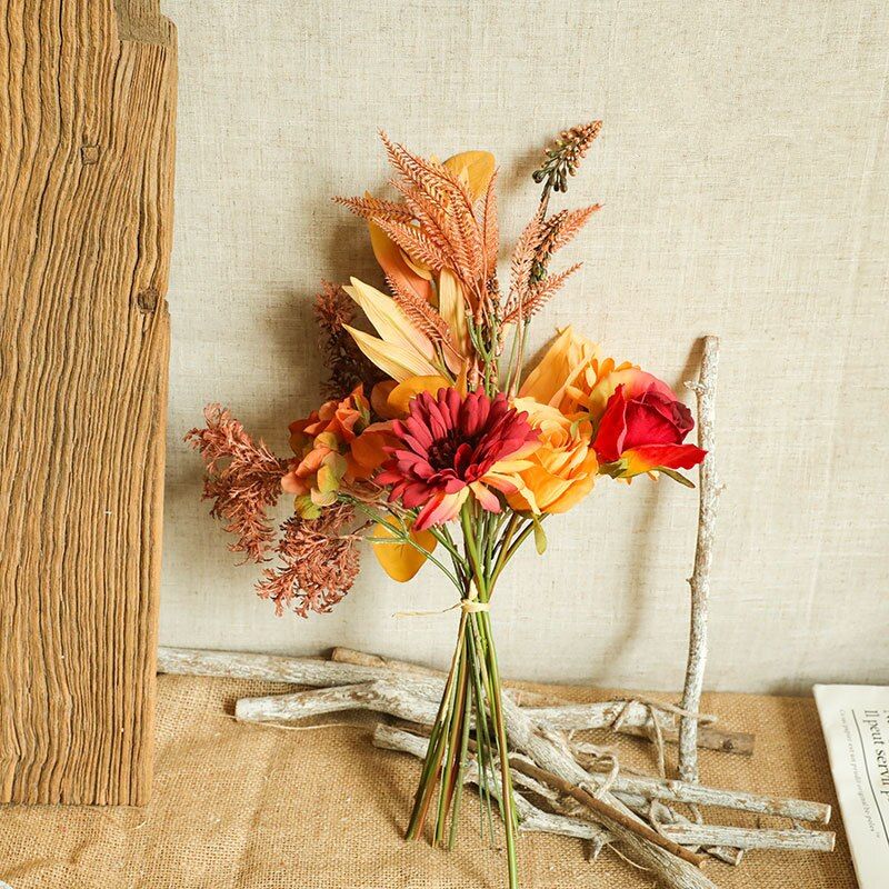 Autumn Fake Rose Flowers  Fall Gerbera Daisy Artificial Flower Long Bouquet for Home Wedding Decoration Autumn leave