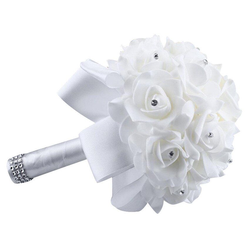 Zero Crystal Roses Pearl Bridesmaid Wedding Bouquet Bridal Artificial Silk Flowers 170217