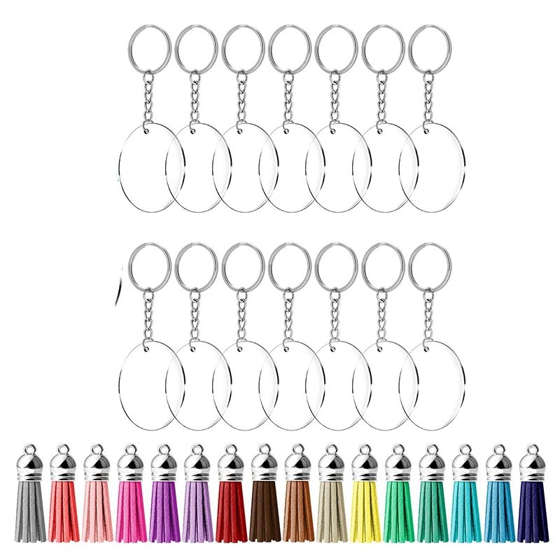 64 Pcs Acrylic Transparent Discs Blank Keychains Circle Key Chains and Tassel Pendant Keyring for DIY Project and Crafts(null)