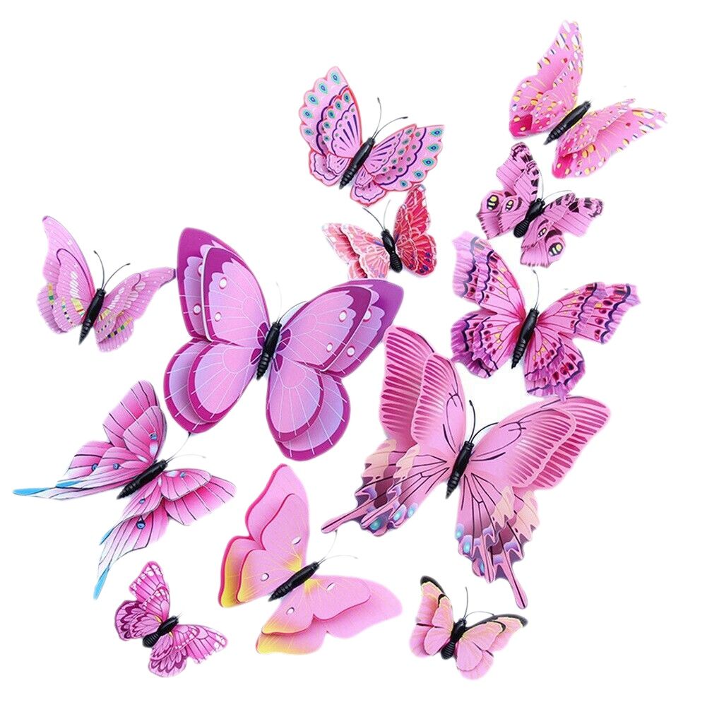 12PCs 3D Butterfly Wall Stickers Pink Vivid Butterfly Wall Decoration Kid's Room Decor Stickers Stereoscopic Bedroom Decor