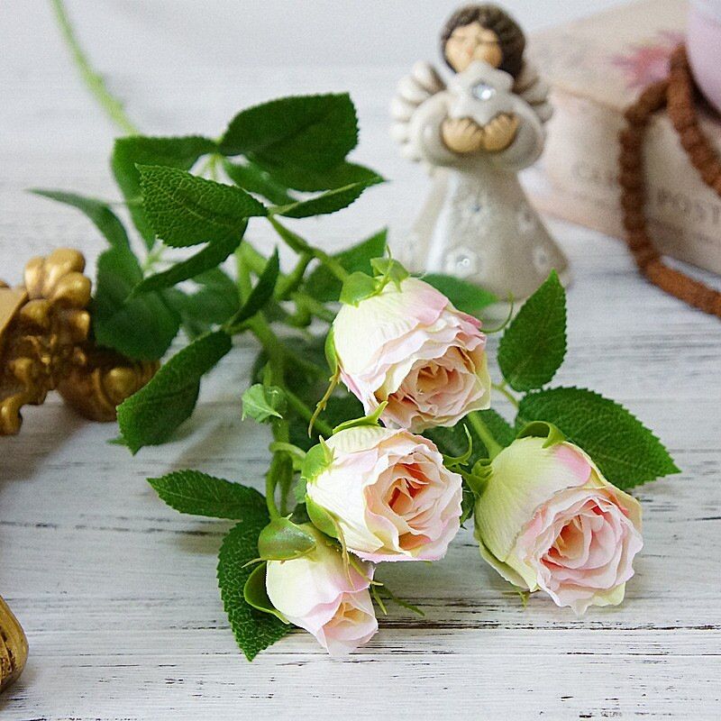 Decorative 4Heads Artificial rose branch silk+plastic flores Simulation fake flowers for home hotel room decoration