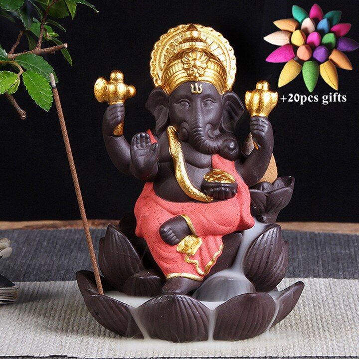 Ceramic Ganesha Backflow Incense Burner Lotus Elephant God Emblem Auspicious Incense Waterfall Censer Home Decor +20pcs Cones