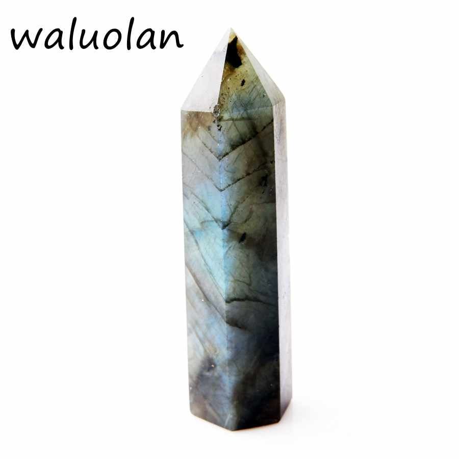 2018 1Pcs Natural Labradorite Moonstone Quartz Crystal Stone column Rhinestone Point Pillar Healing Hexagonal Wand Home Decor