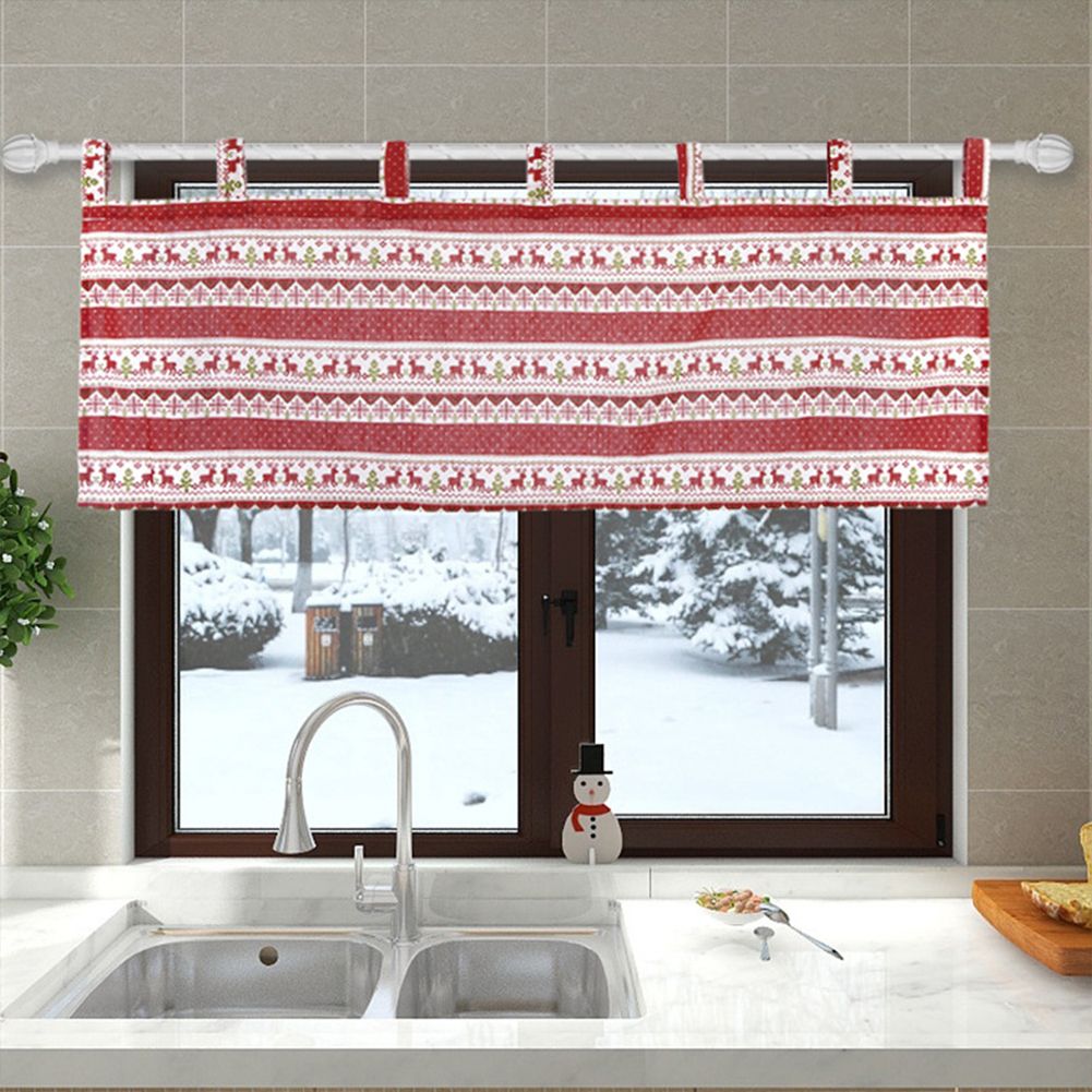 GC Linen Christmas  Element  Hanging  Curtain Deer Snowflake Pattern Stripe Patchwork Decorative Curtains color:Red specification:130*41