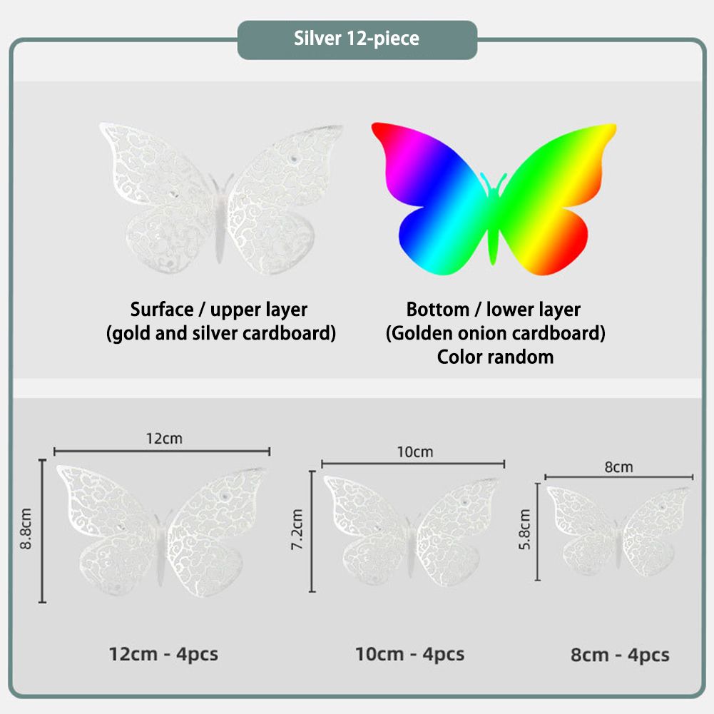 GC 12 Pcs/set Paper Double-layer Colorful 3d Hollowed Simulation  Butterflies  Wall  Stickers Reusable Diy Home Furniture Decoration color:Gold